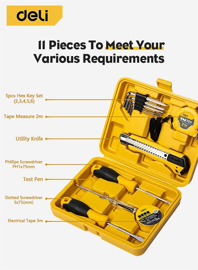 Deli 11-Piece Hand Tool Kit with Box, Repair Home Tool Set, 25*20*6cm  - Image 1