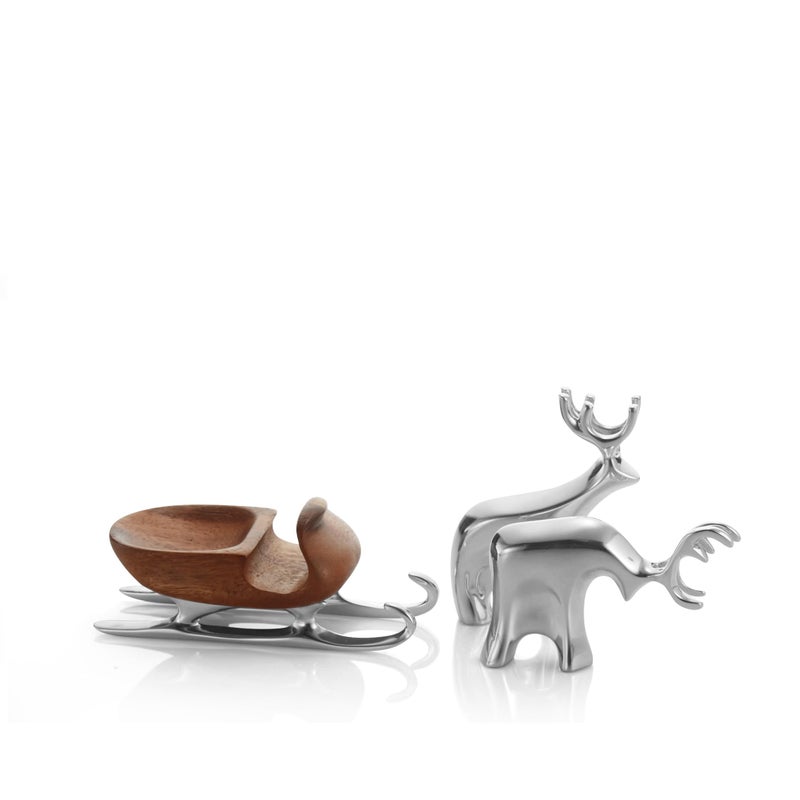 Nambe Christmas Sleigh with Reindeer Figurine Set  3Piece Seasonal Decor Figurines Metal Alloy  Acacia Wood Christmas Home Decoration for Mantels or Tables  Winter Wonderland Decor