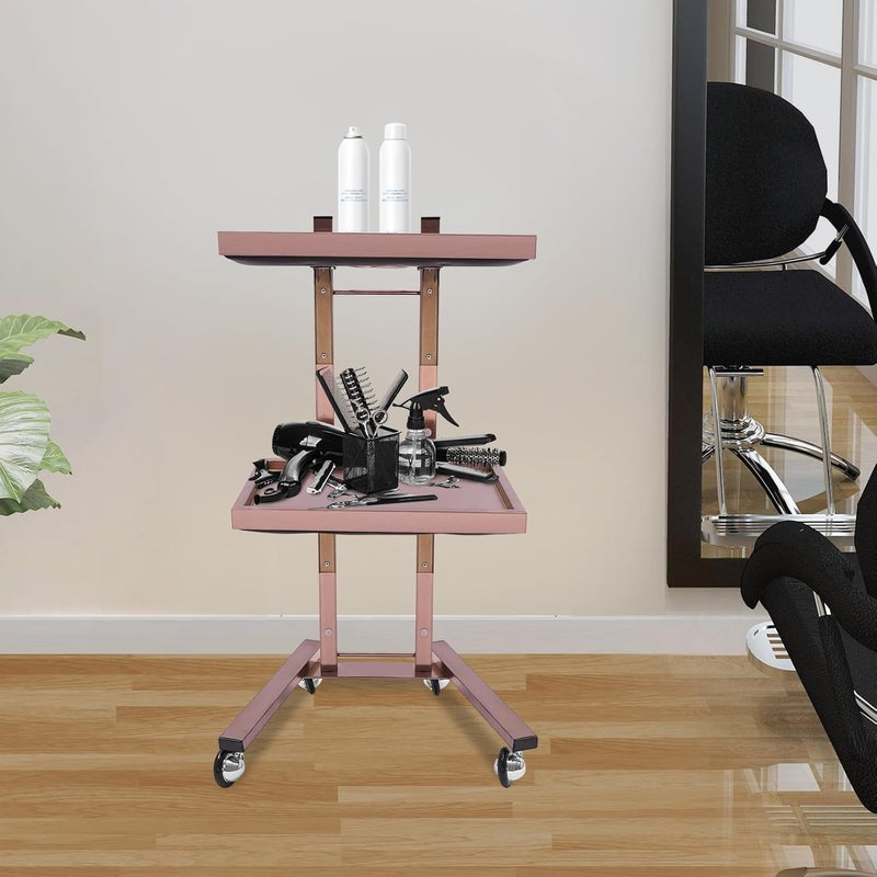 2 Tier Stainless Steel Utility Trolley, Hairdressing Tool Trolley with Wheels & Foldable Tray, Salon Cart, Ideal for Barber Shops, Beauty Salons, Studios, Spas & Homes (Rose-Gold) - Image 3