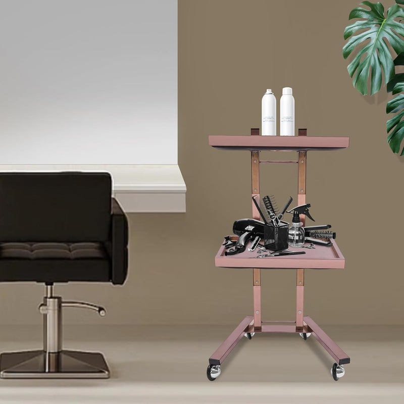 2 Tier Stainless Steel Utility Trolley, Hairdressing Tool Trolley with Wheels & Foldable Tray, Salon Cart, Ideal for Barber Shops, Beauty Salons, Studios, Spas & Homes (Rose-Gold) - Image 2