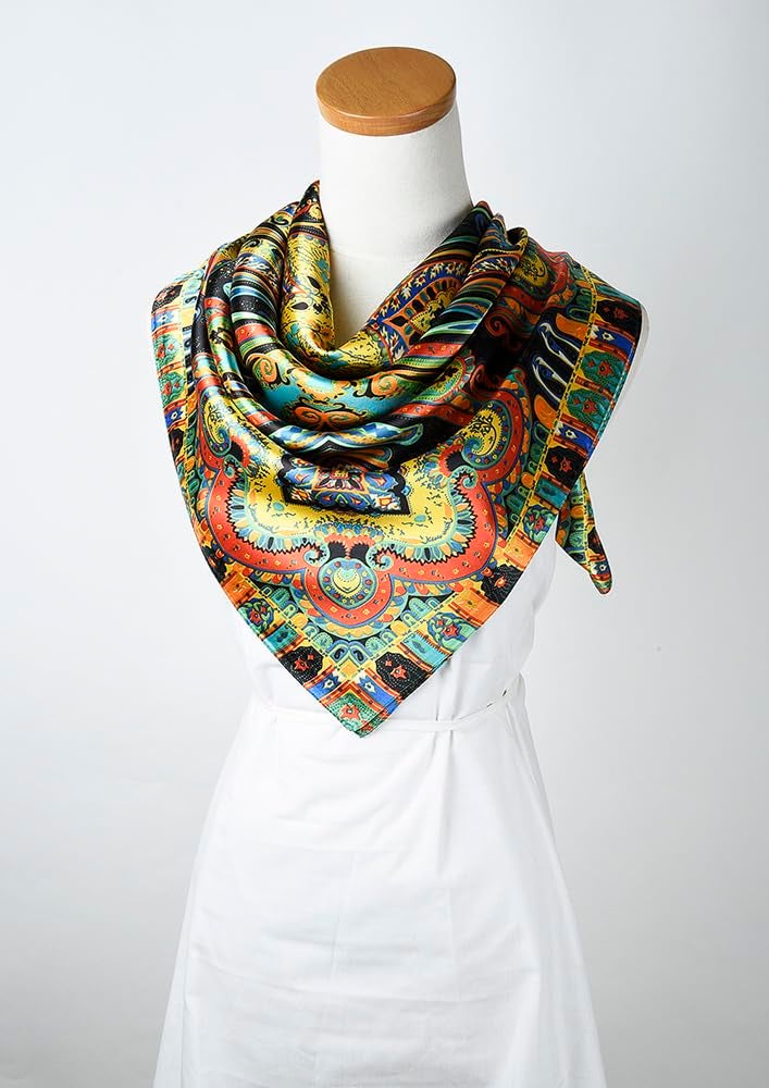 corciova 35 Large Women Satin Square Silk Like Hair Scarf Wrap Headscarf Golden Totems Curly Headband Tie Fashion Bandana - Image 4
