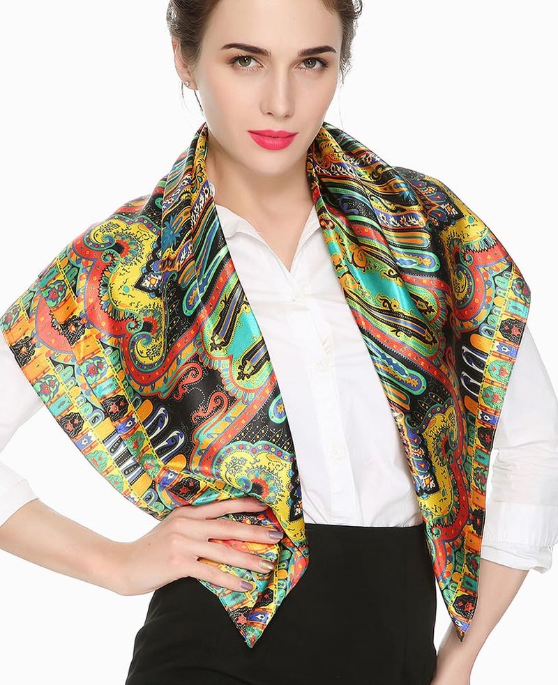 corciova 35 Large Women Satin Square Silk Like Hair Scarf Wrap Headscarf Golden Totems Curly Headband Tie Fashion Bandana - Image 2