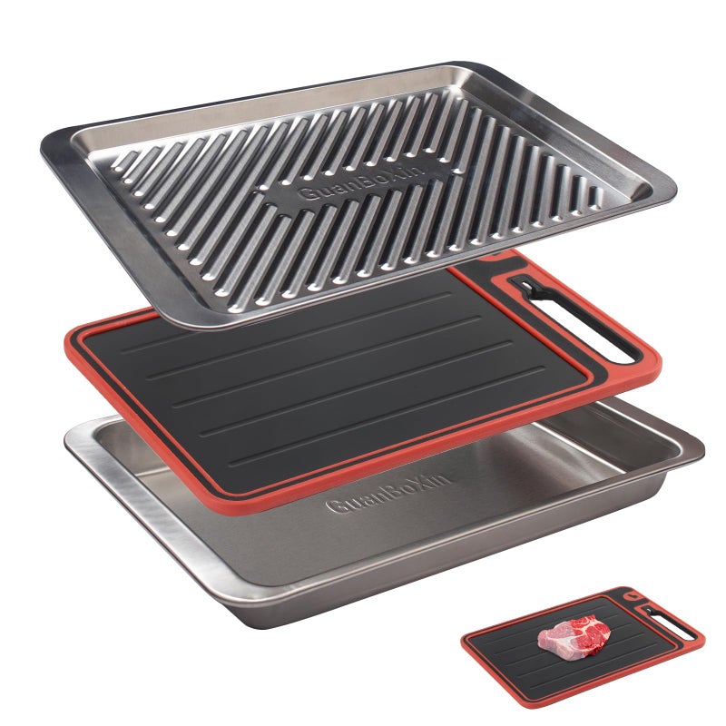 GuanBoXin Grilling Prep and Serve Trays, Stainless Steel Large Capacity Food Prep Tray, Grill Carry System, Marinade Container and Cutting Board, BBQ Grill Accessories, Grilling Gifts for Men - Image 1