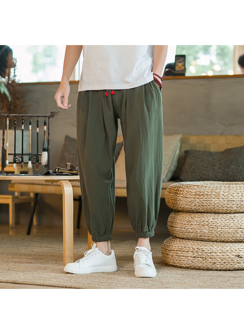 Generic - Mens Summer Thin Wide Leg Cotton Linen Pants Loose Fit Harlan Style Trousers Casual Straight Nine Points Lantern Pants Navy blue - Image 1