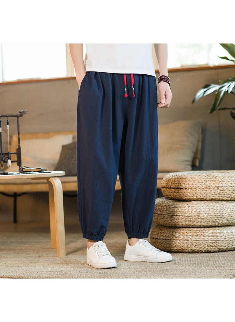 Generic - Mens Summer Thin Wide Leg Cotton Linen Pants Loose Fit Harlan Style Trousers Casual Straight Nine Points Lantern Pants Navy blue - Image 1