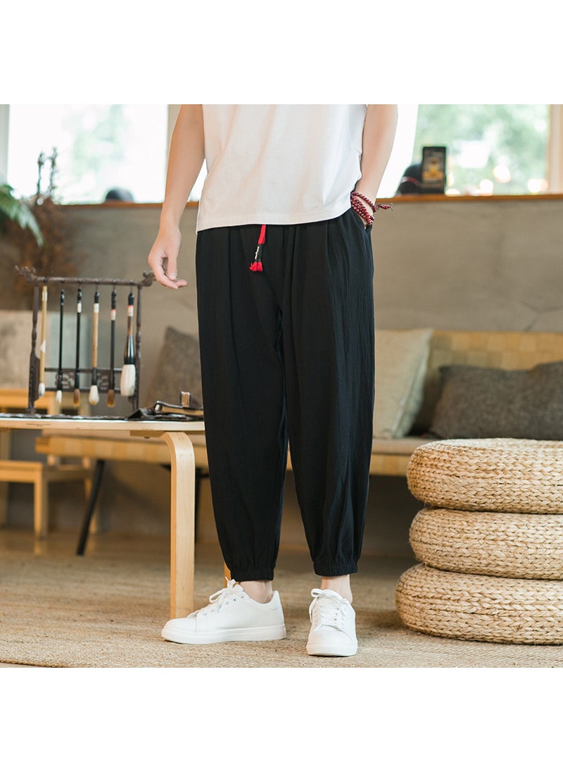 Generic - Mens Summer Thin Wide Leg Cotton Linen Pants Loose Fit Harlan Style Trousers Casual Straight Nine Points Lantern Pants Navy blue - Image 1