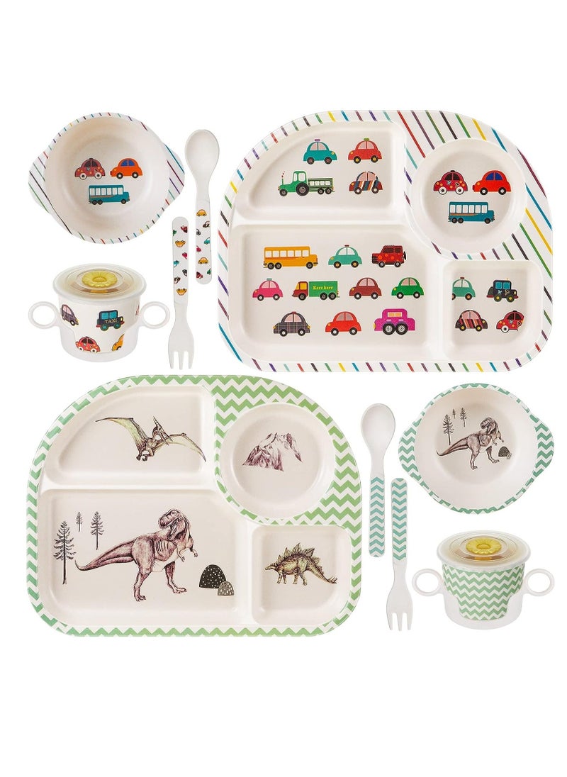 Bamboo Fiber Baby Dinnerware Set, Food Plate Bowl Cup Spoon Fork Set Dishware, BPA Free Dishwasher Safe Cartoon Tableware for Kids, Set of 5 Pcs, Car Pattern - Image 1