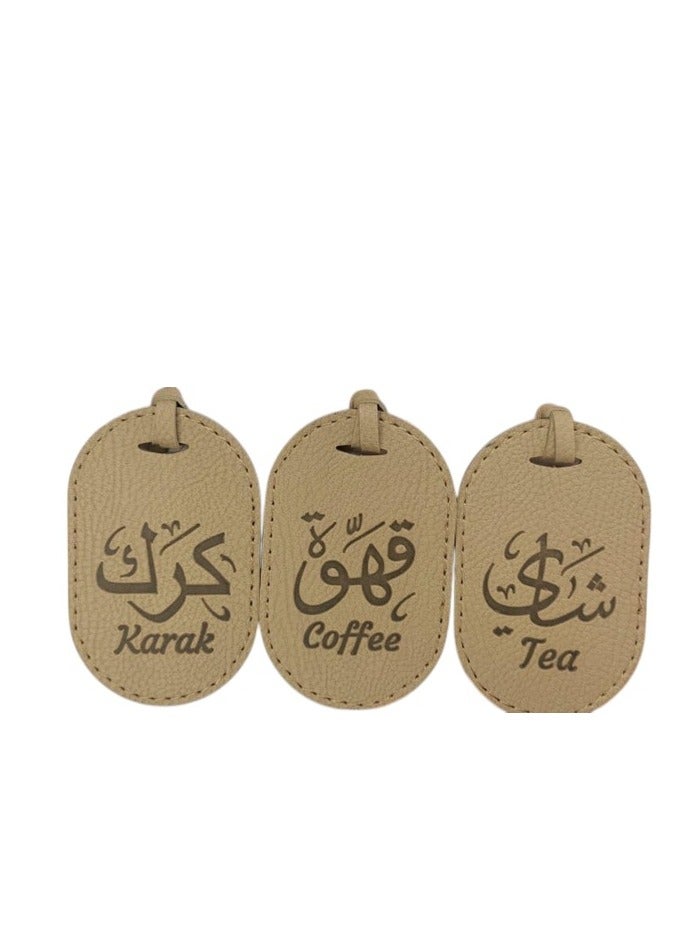 Bayti H.H. Selsela Leather Hanging Tags – Elegant Dallah Name Labels for Tea, Karak & Coffee Set B (Beige set of 3)