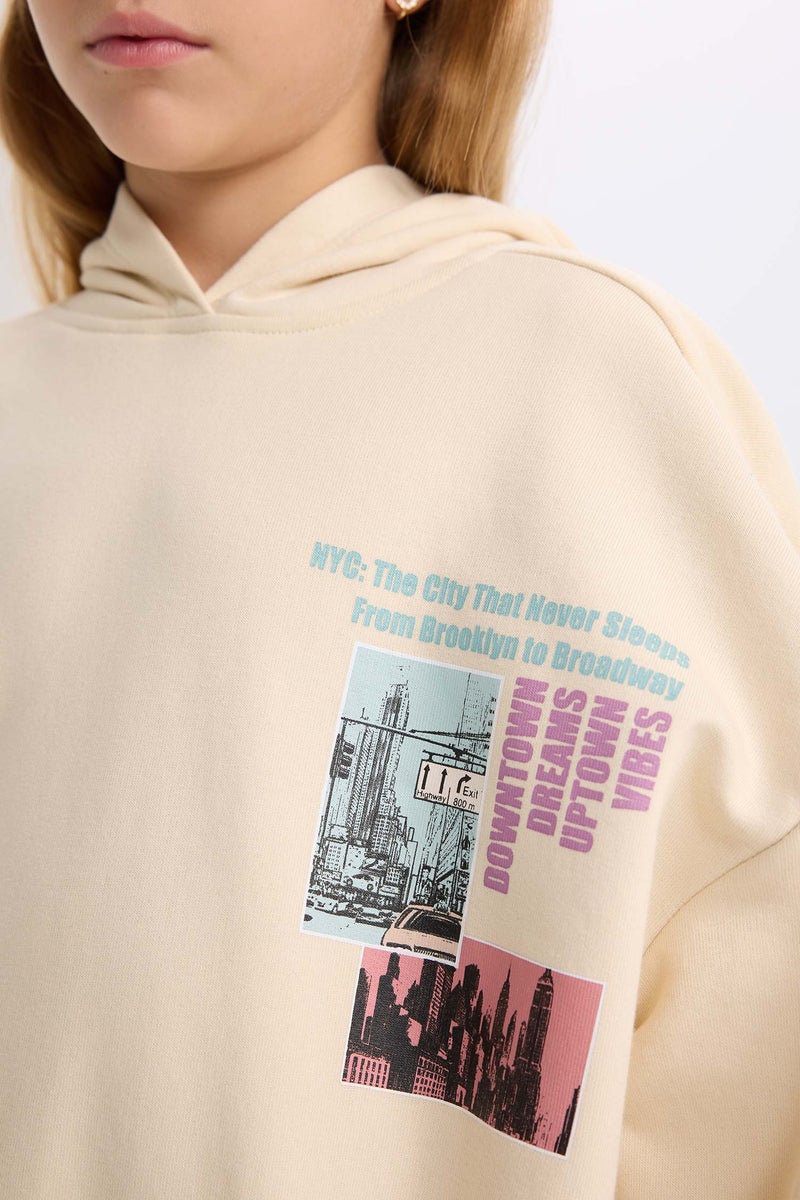 DeFacto Beige Girl Printed Sweatshirt Elastic Waist Jogger Sweatpants 2 Piece Set Casual - Image 4