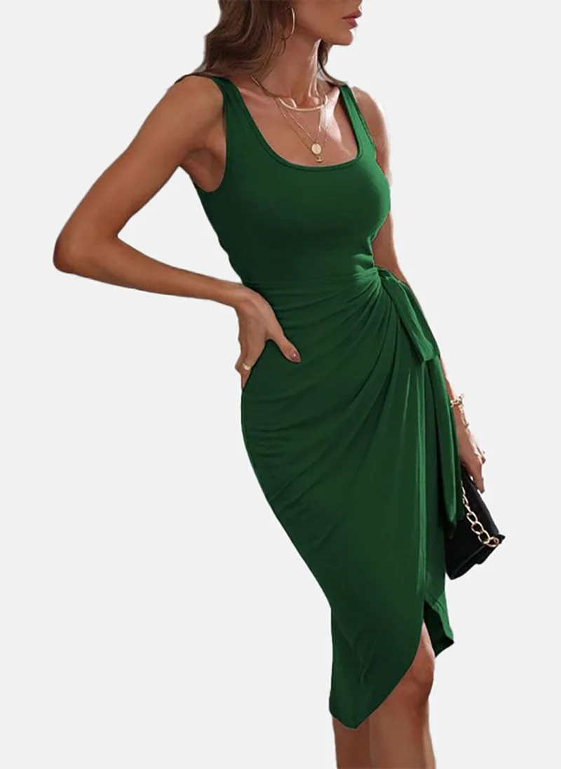 YUNIQEE Green Solid Sleeveless U-neck Midi Wrap Dress