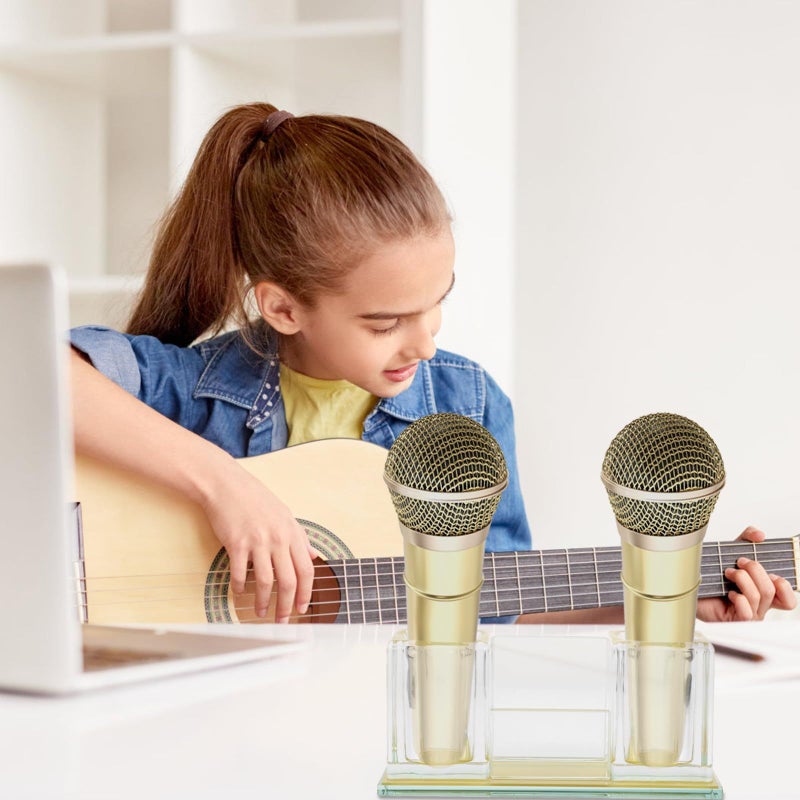 Gold Crystal Base Acrylic Table Microphone Stand with 2 Slot Desktop Holder for Karaoke Recording - Image 5