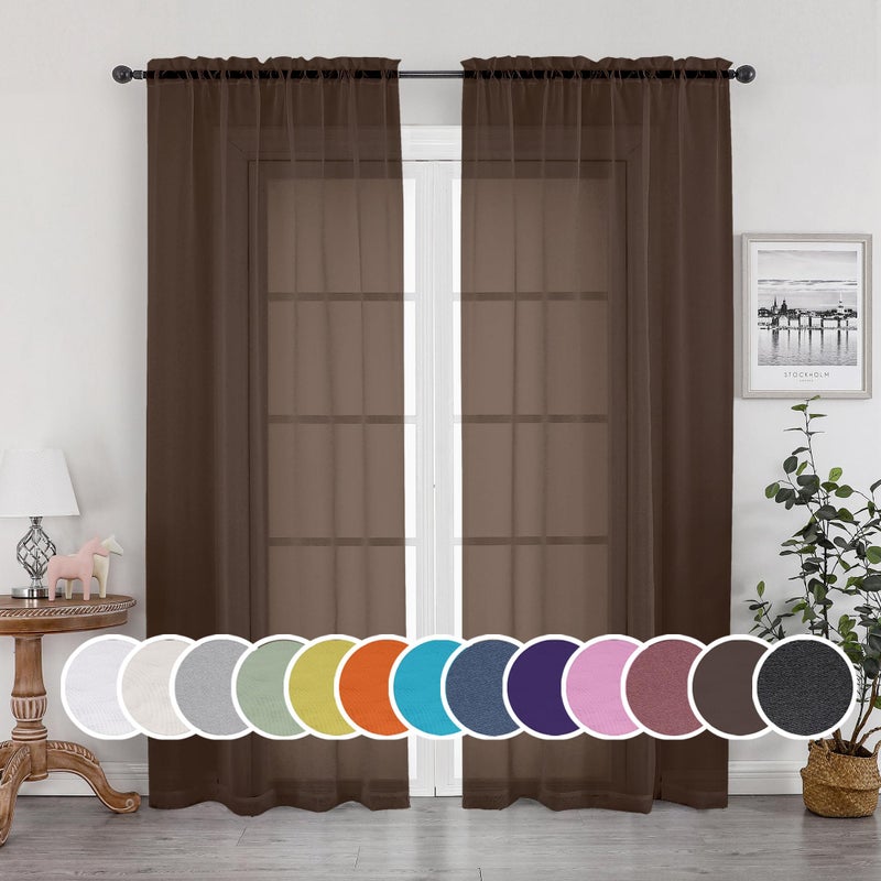 OWENIE Sheer Chocolate Curtains, Sheer Curtains 84 inch Length 2 Panels Set, Rod Pocket Voile Fimly Sheer Drapes for Living Room/Bedroom, 2pcs, Each 42" W x 84" L - Image 1