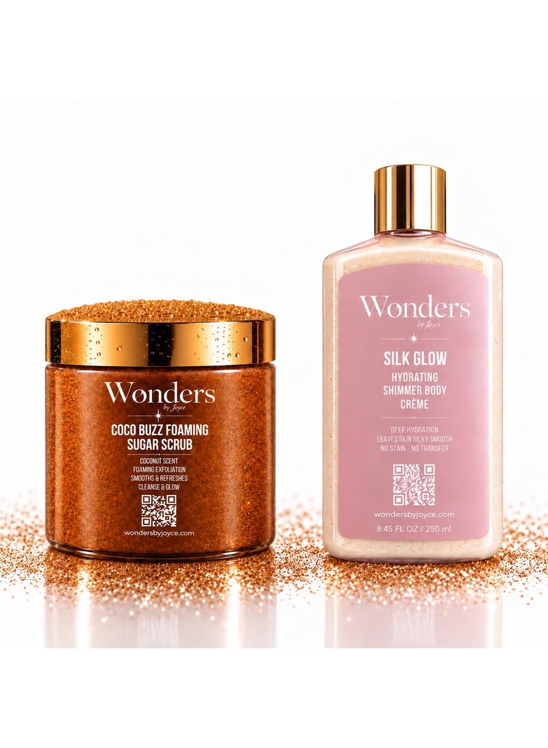 Wonders Glow Routine Bundle | Coco Buzz Foaming Sugar Body Scrub 500ml + Silk Glow Shimmer Body Cream 250ml | 2-Step Exfoliate & Glow Set for Smooth, Radiant Skin | Body Care Gift Set for Women - Image 1