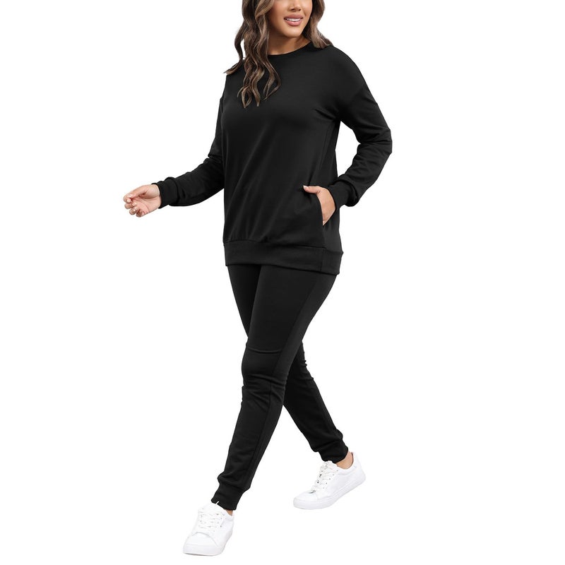 HBQ Two Piece Outfits For Women Casual Long Sleeve Sweatsuits Jogger Tracksuits Lounge Sets With Pockets-Black Solid-XL - Image 5