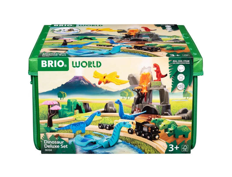 BRIO World Dinosaur Deluxe Set 44Piece FSCCertified Wood Train Set Accessories Works with All Sets Dinosaur Train Engine 2 Wagons 8 Dinosaurs Wooden Tracks More Kids Ages 3