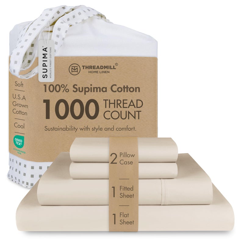 Threadmill Luxury Supima Cotton Sheets Luxury 1000 Thread Count Soft 100 Cotton Sheets for Queen Size Bed 4 Pc Beige Bed Queen Set 5Star Hotel Quality Elasticized Deep Pocket Bed Sheets Set