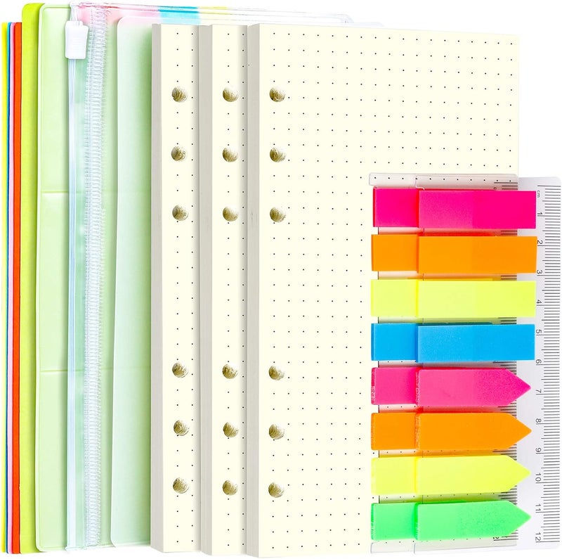 LEOBRO A6 Refill Paper, 3 Pack Ruled Dotted Personal Organiser, 6PCS Dividers, 160PCS Index Flags, 2PCS Pockets, 6 Hole Loose Leaf for A6 Personal Binder Notebook - Image 1