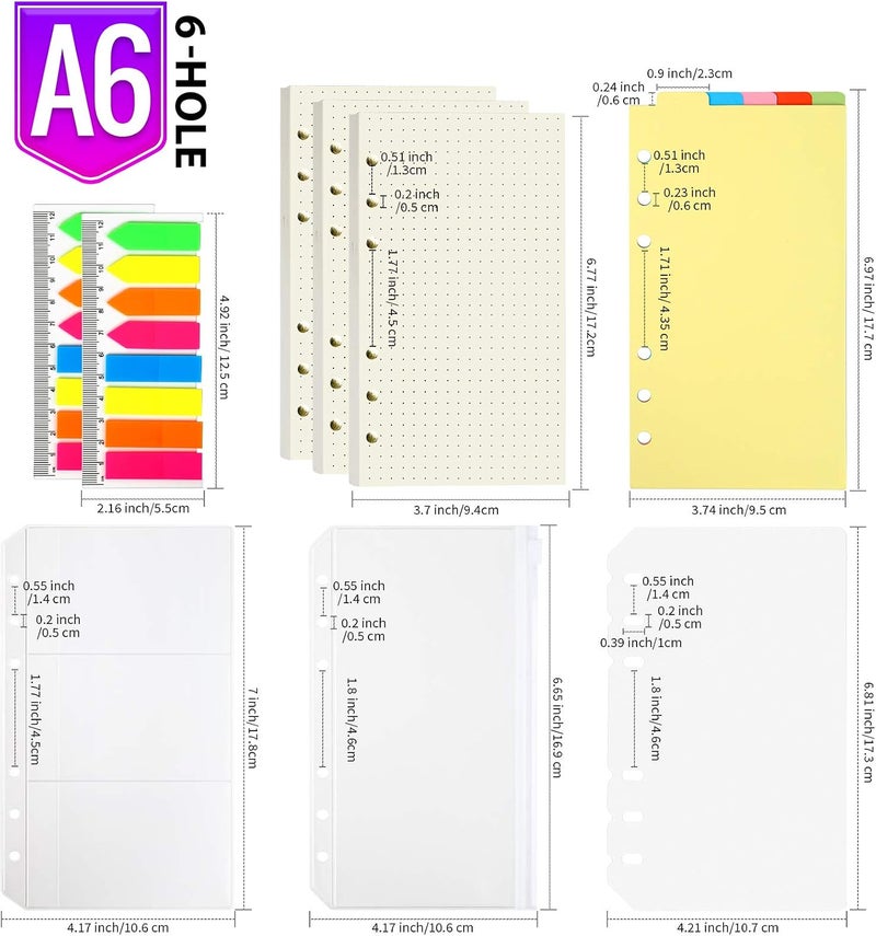 LEOBRO A6 Refill Paper, 3 Pack Ruled Dotted Personal Organiser, 6PCS Dividers, 160PCS Index Flags, 2PCS Pockets, 6 Hole Loose Leaf for A6 Personal Binder Notebook - Image 2
