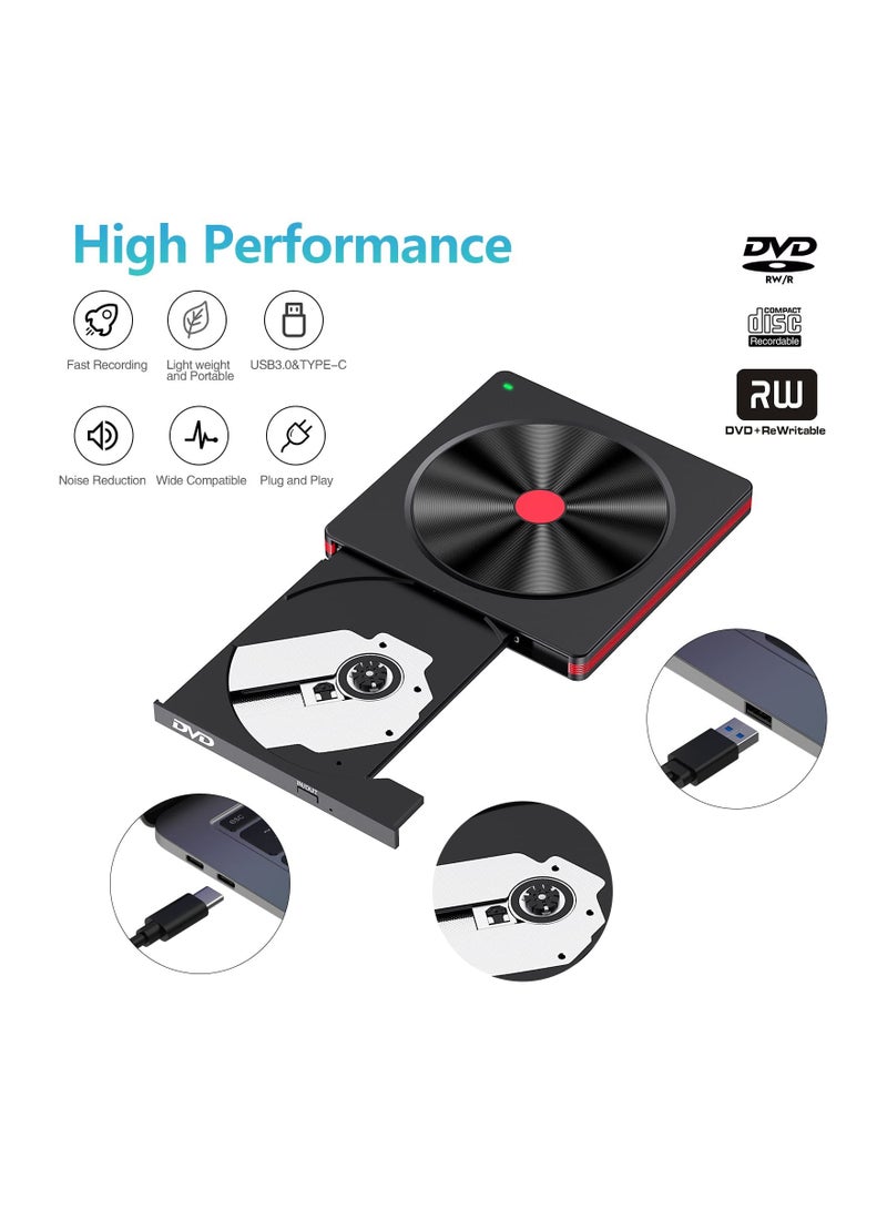 External DVD Drive USB 3.0 Type-C CD Burner, Portable CD DVD +/-RW Drive DVD Player USB 3.0 CD DVD RW Burner for All Version Laptop Desktop PC Windows 11/10/8/7/XP Apple Macbook Mac OS Linux