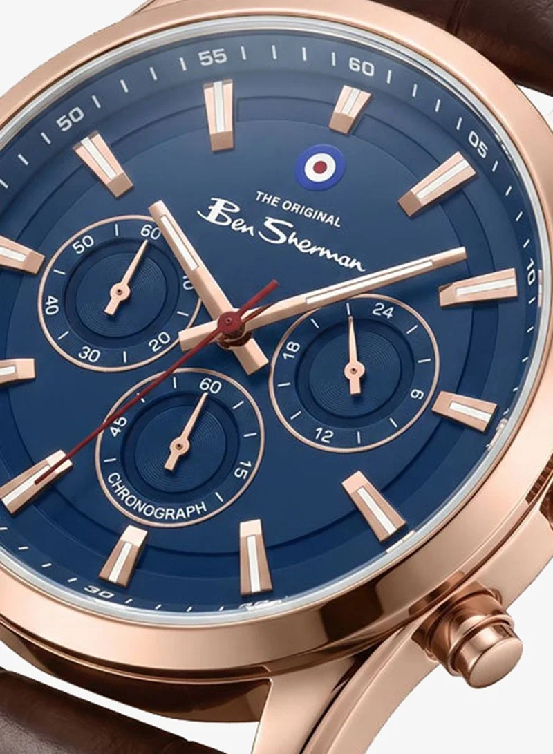 Ben Sherman Cambridge Blue Dial Brown Genuine Leather Strap Chronograph Watch for Men, 42mm