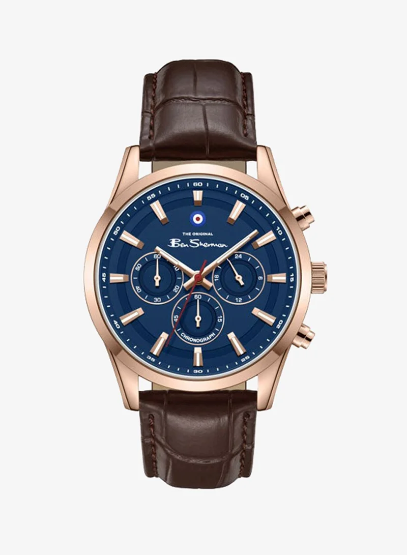 Ben Sherman Cambridge Blue Dial Brown Genuine Leather Strap Chronograph Watch for Men, 42mm