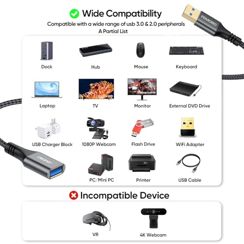FEMORO USB Extension Cable 3ft Pack of 2, Type A 3.0 5Gbps Data Transfer & 15W Charging Sync Extender Male to Female for Mouse Keyboard TV Monitor Hub Charger Flash Drive DVD Player and More - Image 5