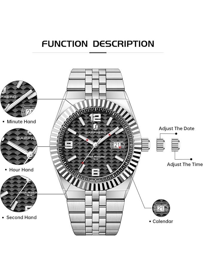 Sapphero Analog Quartz Watch for Men, Stainless Steel Bracelet, Water Resistant up to 50 Meters. A Watch for Business, Work, Sport, and Leisure. - Image 5