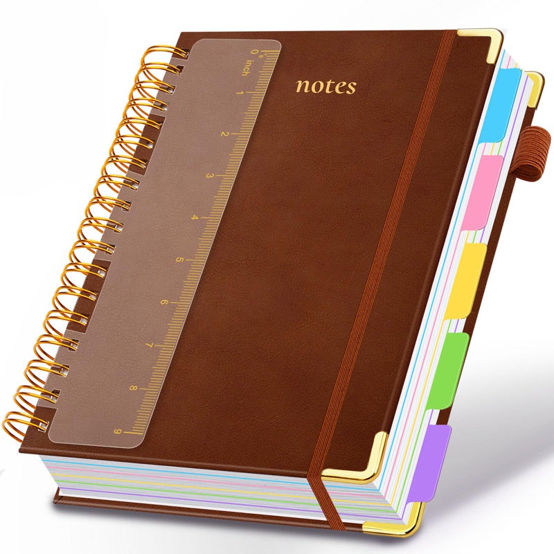GDGDSY Hardcover Spiral Notebook 8"x10" Journal Notebook with Tabs and Removable Dividers 300 Pages 5 Subject Notebook College Ruled, Faux Leather Spiral Bound Notebook for Women School Work (Brown) - Image 1