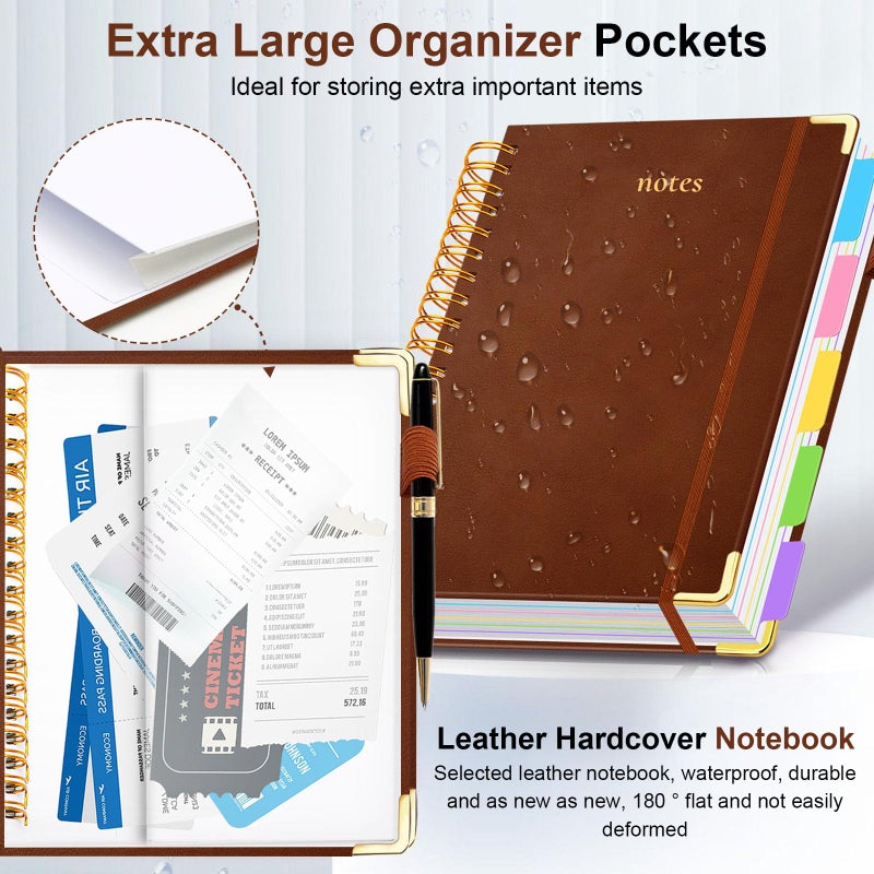 GDGDSY Hardcover Spiral Notebook 8"x10" Journal Notebook with Tabs and Removable Dividers 300 Pages 5 Subject Notebook College Ruled, Faux Leather Spiral Bound Notebook for Women School Work (Brown) - Image 2