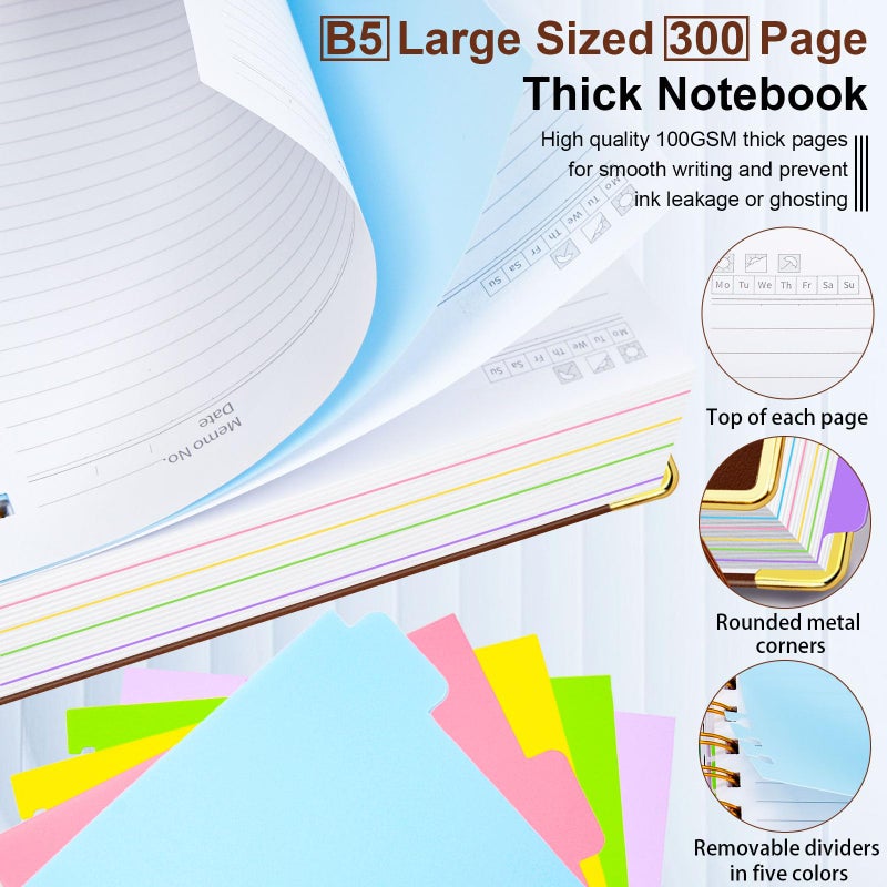 GDGDSY Hardcover Spiral Notebook 8"x10" Journal Notebook with Tabs and Removable Dividers 300 Pages 5 Subject Notebook College Ruled, Faux Leather Spiral Bound Notebook for Women School Work (Brown) - Image 4