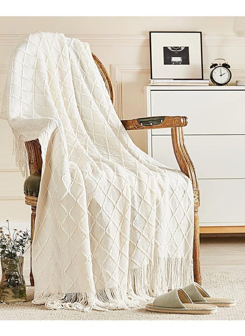 Tassel Design Soft Blanket Keep Warm Cotton White 127 x 172cm