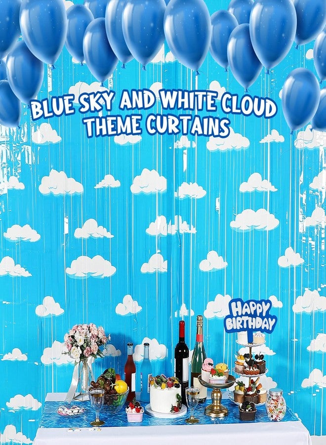 XunYee Blue Sky White Clouds Birthday Party Supplies, Clouds Theme Tinsel Foil Fringe Curtains Toy Party Supplies, Cartoon Story Backdrop for Baby Shower Birthday Party Decorations (2 Pack) - Image 5
