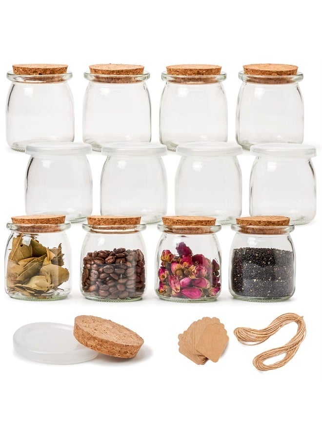 EZOWare 5oz Clear Glass Bottle with Cork Lid and Plastic Lid, Set of 12 Small Favor Jar Container For Wedding & Party Favor, Baby Shower, Pudding, Yogurt, Spices with Label Tags and String  - Image 1
