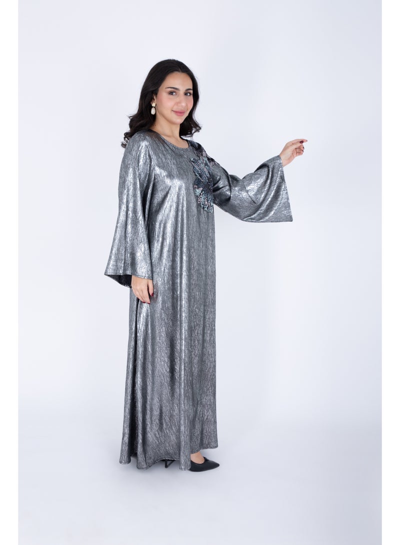 اكسا جلابية كتف زهور لامعة رمادي - Image 3