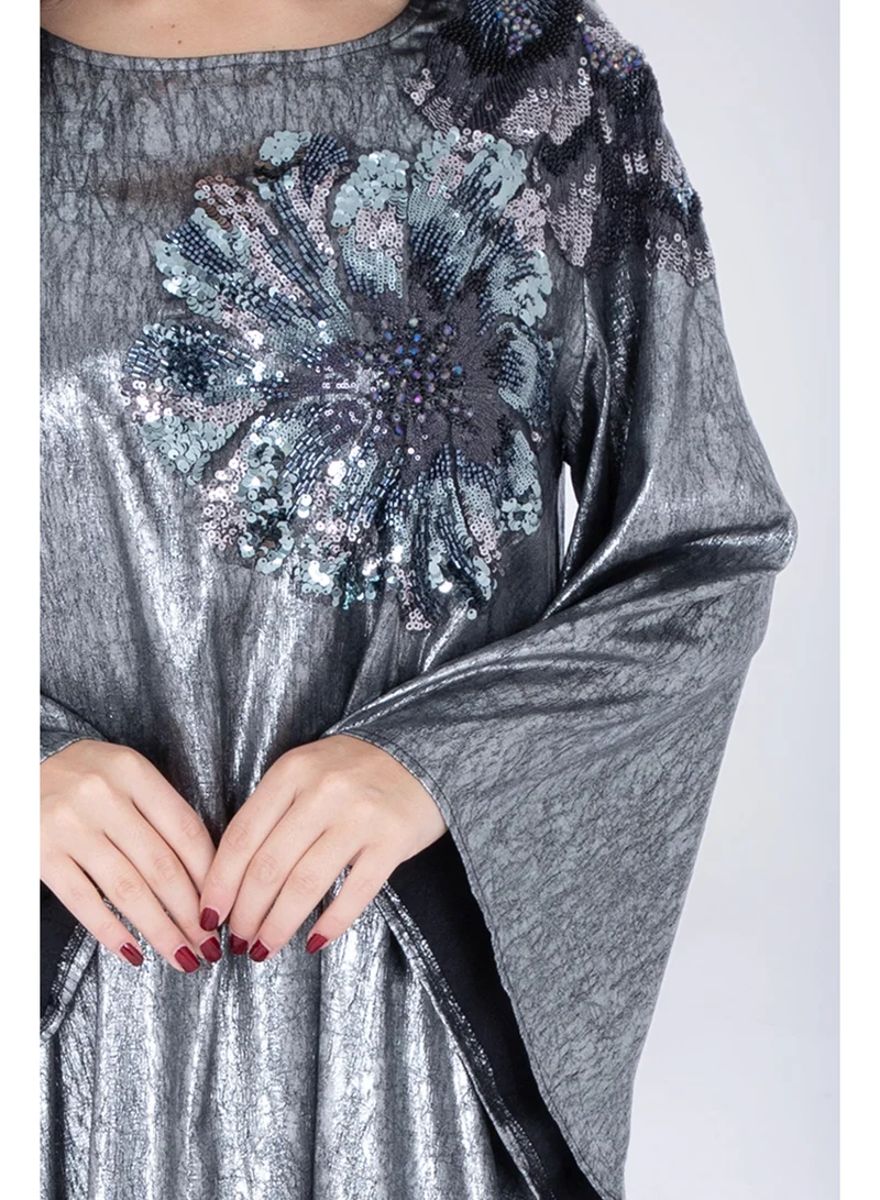 IKKXA Shimmer Fabric Shoulder Flower Jalabiya IK1059 Grey