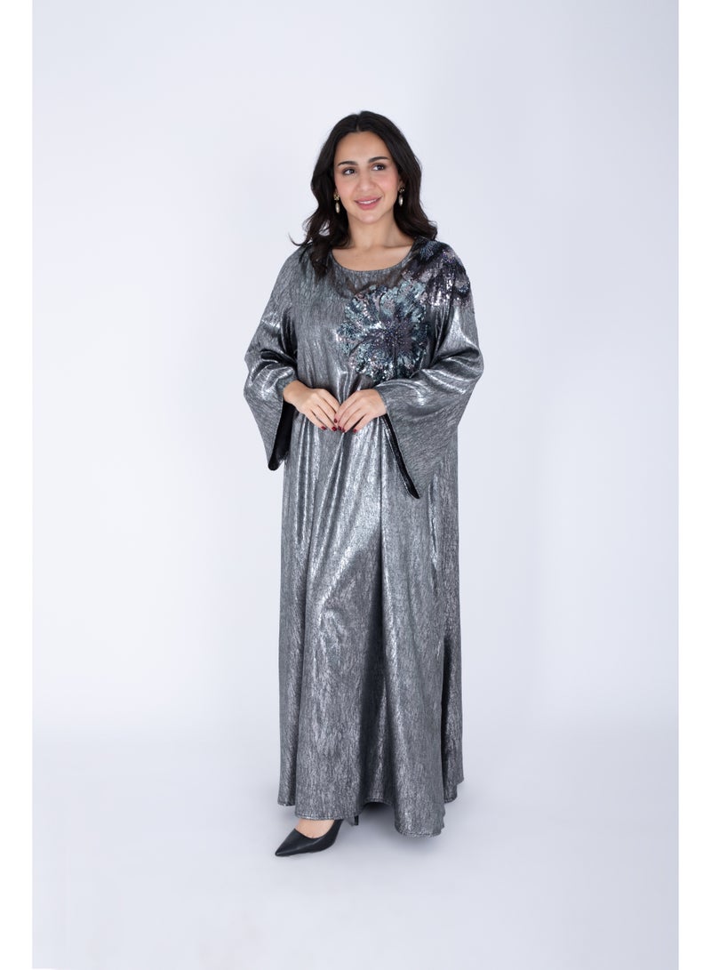 اكسا جلابية كتف زهور لامعة رمادي - Image 5