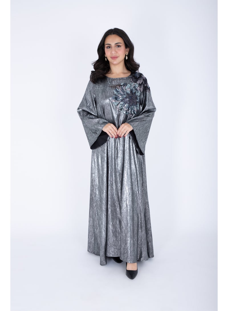 اكسا جلابية كتف زهور لامعة رمادي - Image 1