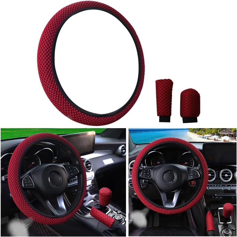Bittwee 3PCS 15Inch Car Steering Wheel Cover Armrest Cover Gear Shift Cover Set, Microfiber Breathable Anti-Slip Automotive Steering Wheel Protector, Vehicle Interior Decor, Universal Fit（Wine Red） - Image 1