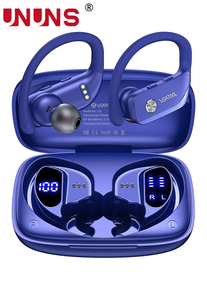 UNUNS - Wireless Earbuds Bluetooth Headphones With Earhooks,Built-in Mic,LED Display Wireless Earbuds Sport,48H Playtime With Charging Case Headset,Waterproof Over-Ear Buds for Running Workout,Blue - Image 1