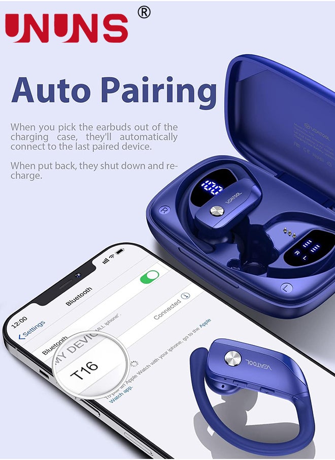 UNUNS - Wireless Earbuds Bluetooth Headphones With Earhooks,Built-in Mic,LED Display Wireless Earbuds Sport,48H Playtime With Charging Case Headset,Waterproof Over-Ear Buds for Running Workout,Blue - Image 1
