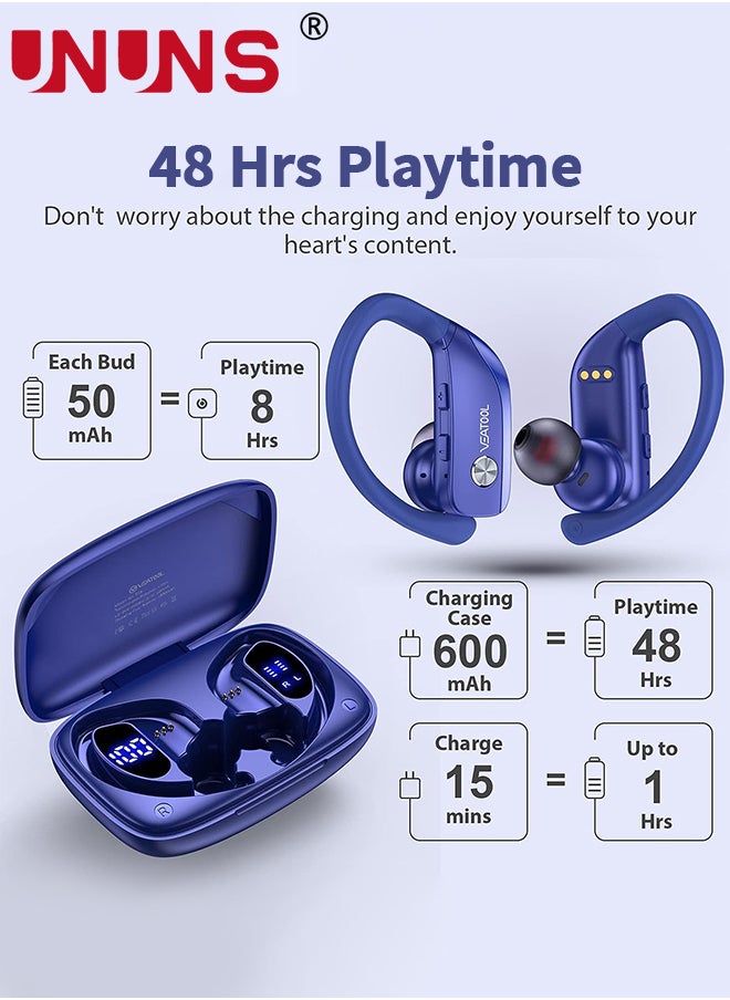 UNUNS - Wireless Earbuds Bluetooth Headphones With Earhooks,Built-in Mic,LED Display Wireless Earbuds Sport,48H Playtime With Charging Case Headset,Waterproof Over-Ear Buds for Running Workout,Blue - Image 1