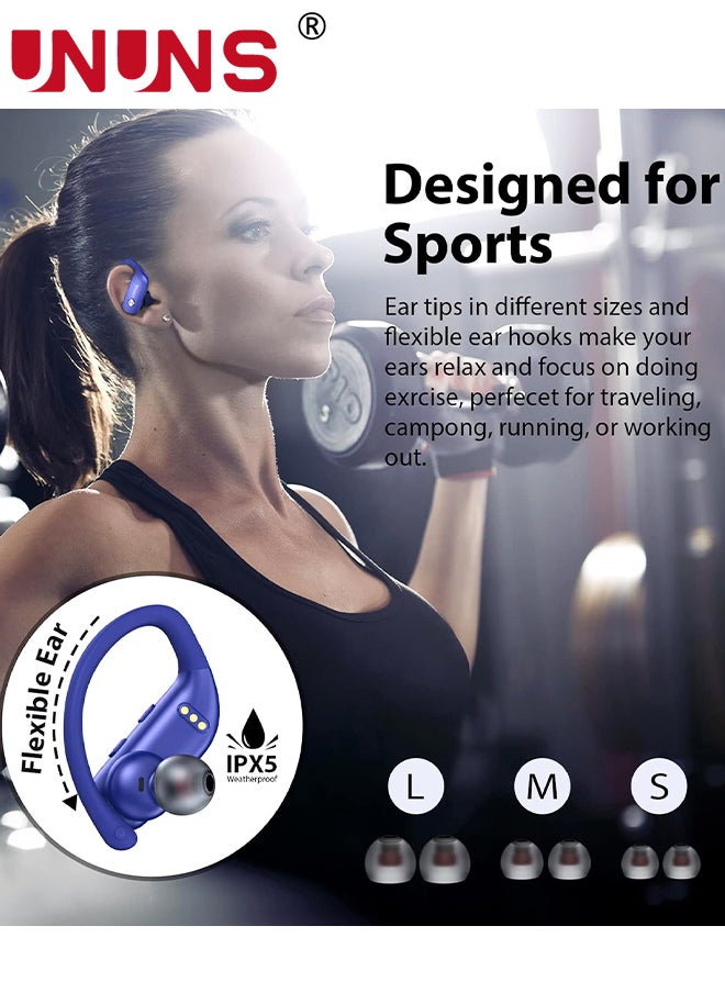 UNUNS - Wireless Earbuds Bluetooth Headphones With Earhooks,Built-in Mic,LED Display Wireless Earbuds Sport,48H Playtime With Charging Case Headset,Waterproof Over-Ear Buds for Running Workout,Blue - Image 1