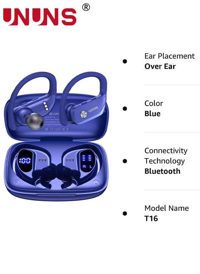 UNUNS - Wireless Earbuds Bluetooth Headphones With Earhooks,Built-in Mic,LED Display Wireless Earbuds Sport,48H Playtime With Charging Case Headset,Waterproof Over-Ear Buds for Running Workout,Blue - Image 1