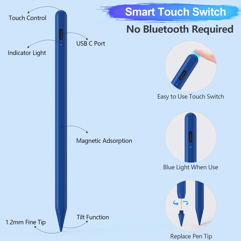 FUWANG Stylus Pen for iPad A16/10th/9th Generation, 10Mins Fast Charge for Apple Pencil&iPad Pen, Compatible with iPad A16/10th/9th/8th/7th/6/Pro 13'' 11'' M4/12.9 inch/Air 11'' 13'' M3/M2/Mini 7/6/5, Blue - Image 5