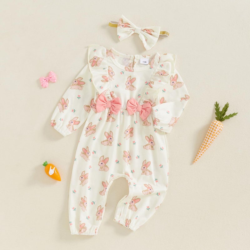 DNOMAID YZARC Newborn Baby Girl Easter Outfit Bunny Duck Print Romper Ruffle Long Sleeve Jumpsuit with Headband Cute Clothes (White, 0-3 Months) - Image 2
