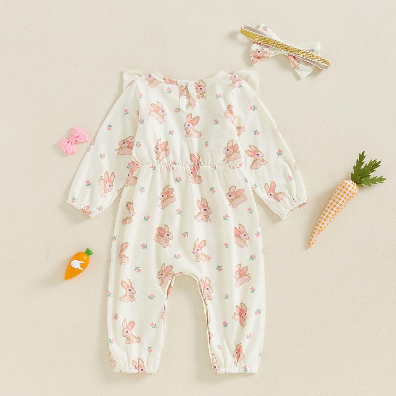 DNOMAID YZARC Newborn Baby Girl Easter Outfit Bunny Duck Print Romper Ruffle Long Sleeve Jumpsuit with Headband Cute Clothes (White, 0-3 Months) - Image 3