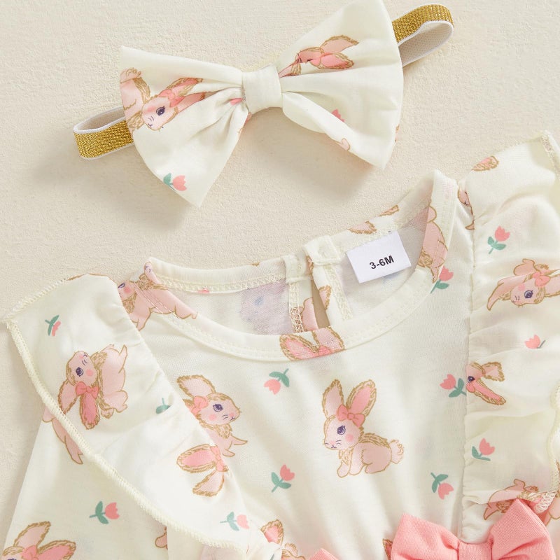 DNOMAID YZARC Newborn Baby Girl Easter Outfit Bunny Duck Print Romper Ruffle Long Sleeve Jumpsuit with Headband Cute Clothes (White, 0-3 Months) - Image 4