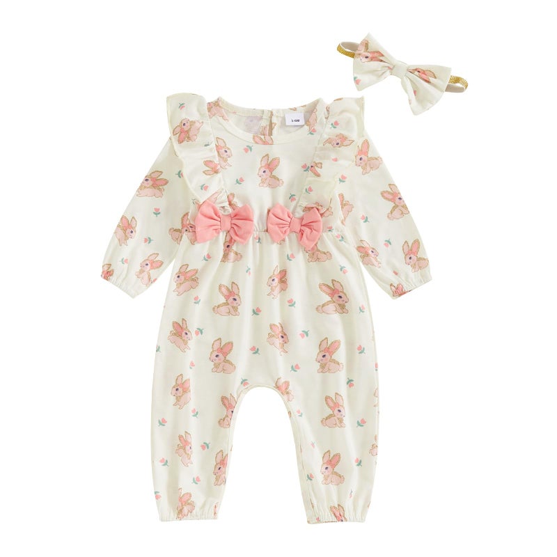 DNOMAID YZARC Newborn Baby Girl Easter Outfit Bunny Duck Print Romper Ruffle Long Sleeve Jumpsuit with Headband Cute Clothes (White, 0-3 Months) - Image 1