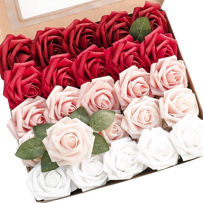 ARTIFICIAL FLOWERS 25PCS REAL LOOKING DARK RED OMBRE COLORS FOAM FAKE ROSES WITH STEMS FOR DIY WEDDING BOUQUETS BRIDAL SHOWER CENTERPIECES FLORAL ARRANGEMENTS PARTY TABLES HOME DECORATIONS