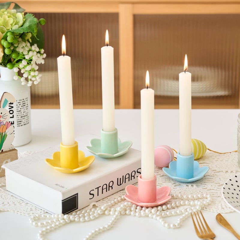 Colorful Ceramic Candlestick Holders Set of 4 Cute Easter Taper Candle Holders Chic Flower Shaped Table Centerpiece for Wedding Festive Spring Party or Home Decor Flower Style